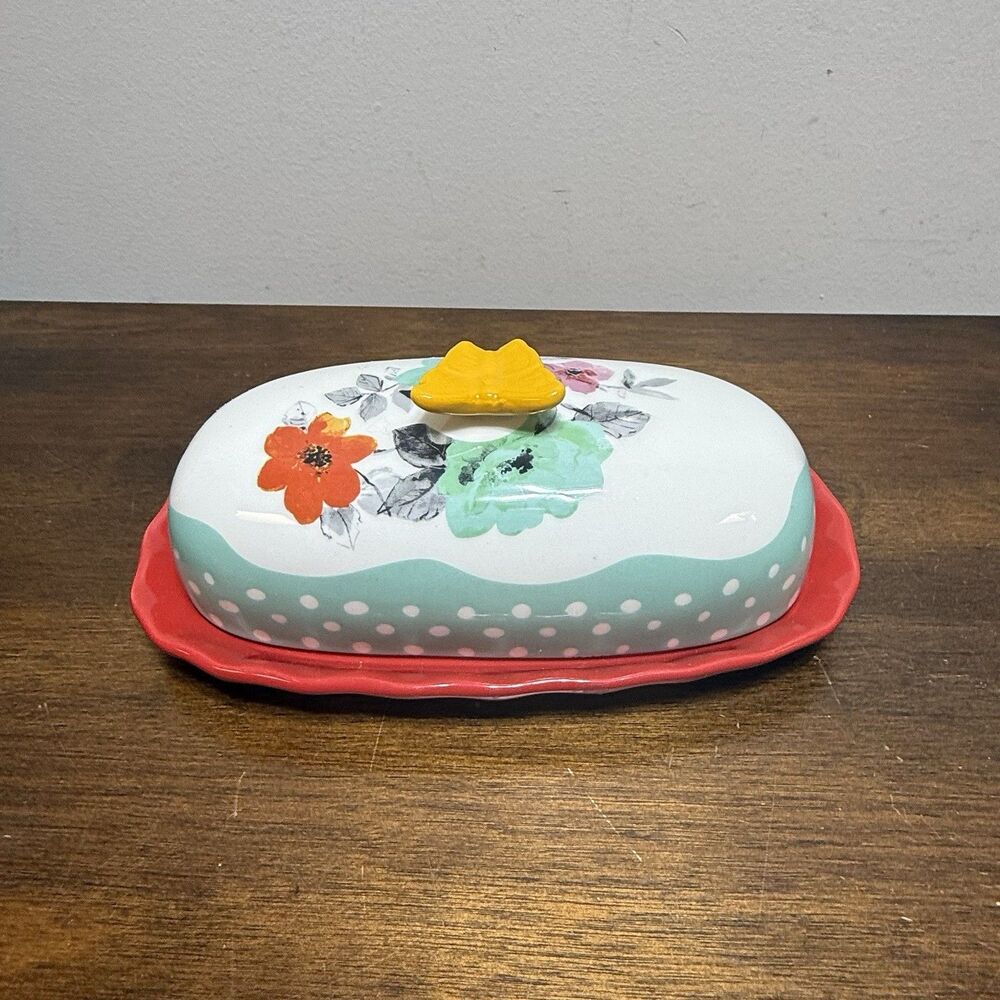 Pioneer Woman Flea Market Floral Red Covered Butter Dish Butterfly Handle 6.4" - Picture 4 of 8
